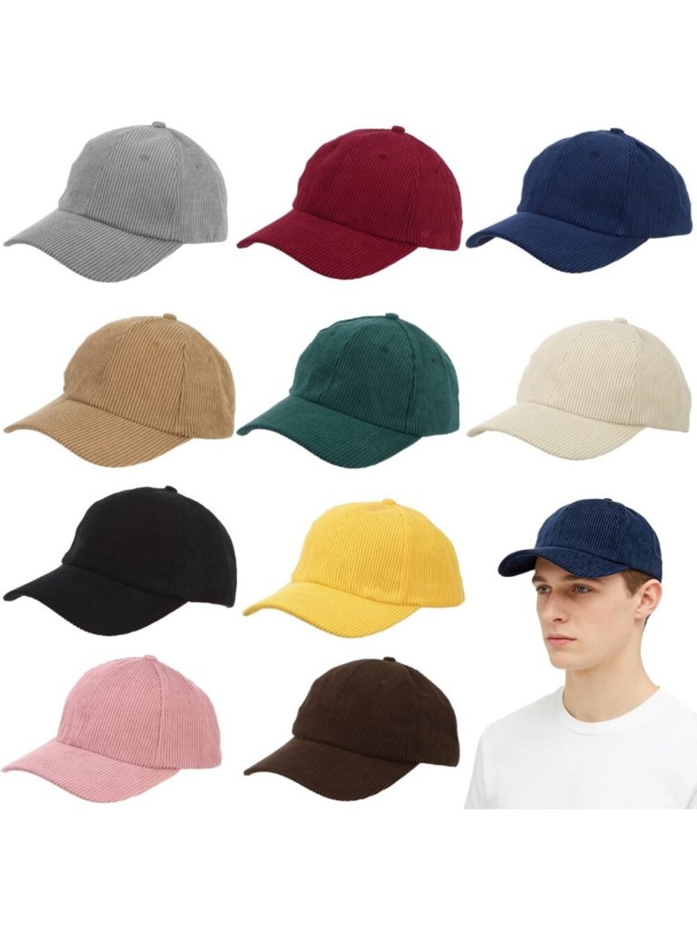 10 PCS Unisex Corduroy Baseball Caps - Adjustable Retro Dad Hats for Outdoor Fun